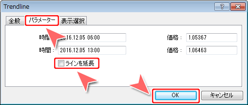 MetaTrader4 トレンドラインプロパティ「パラメーター」タブ画面