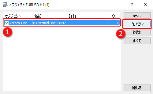 MetaTrader5 「オブジェクト」画面