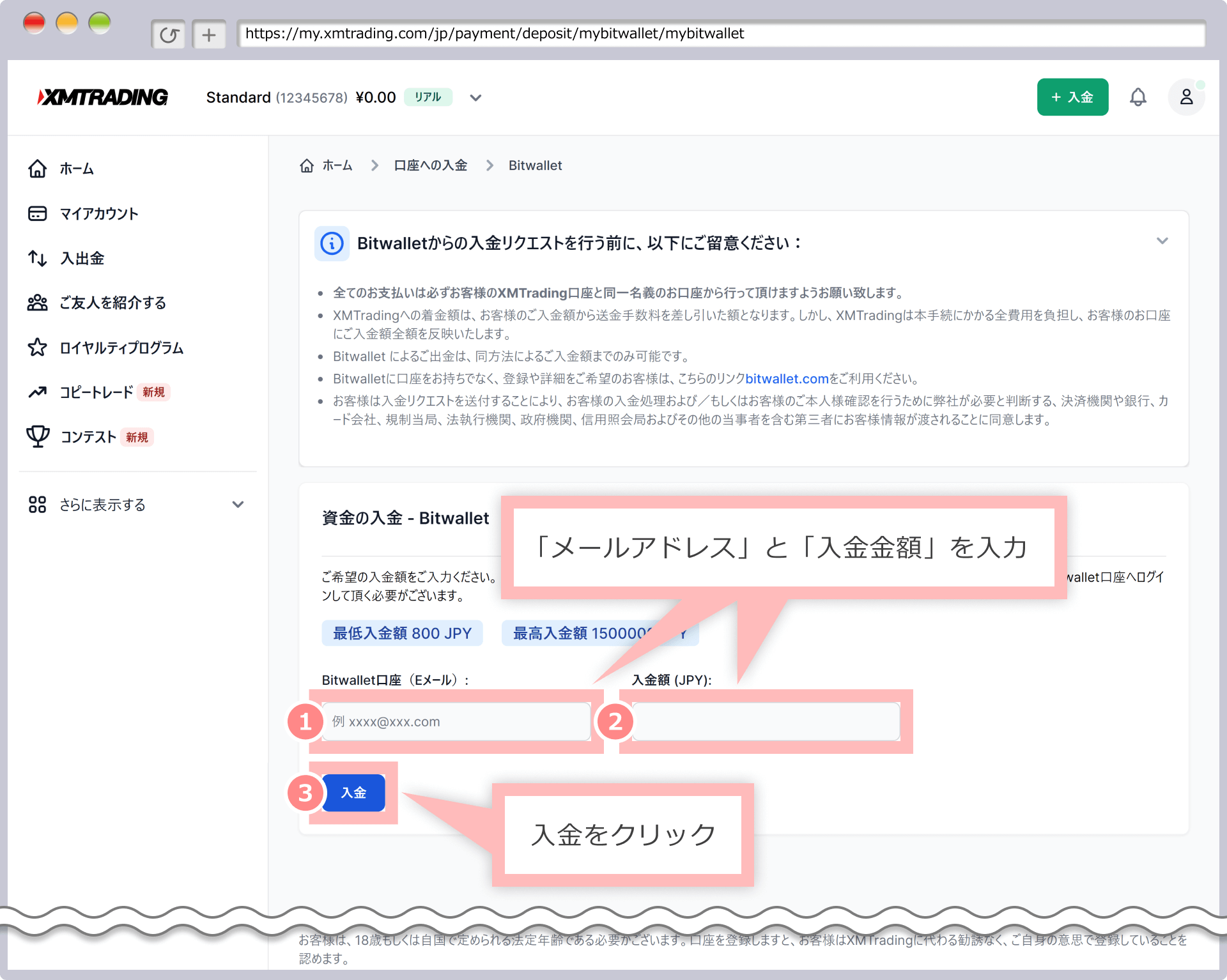 資金の入金画面（bitwallet）